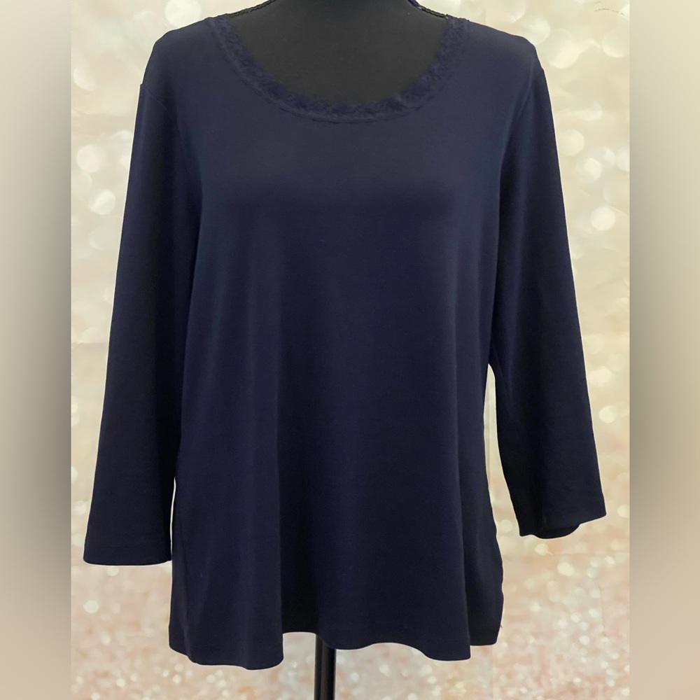 Laura Ashley XL Navy 3/4 Sleeve Tee with Lace Neckline